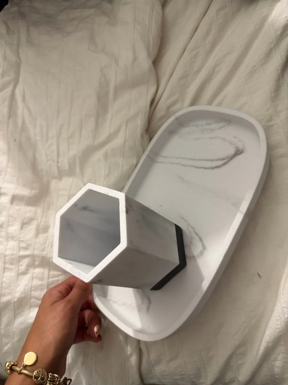 Marble-Effect White Vanity Tray and Hex Pencil Holder Set